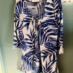 Tropical Blue Leaf Print Swim Cover-Up